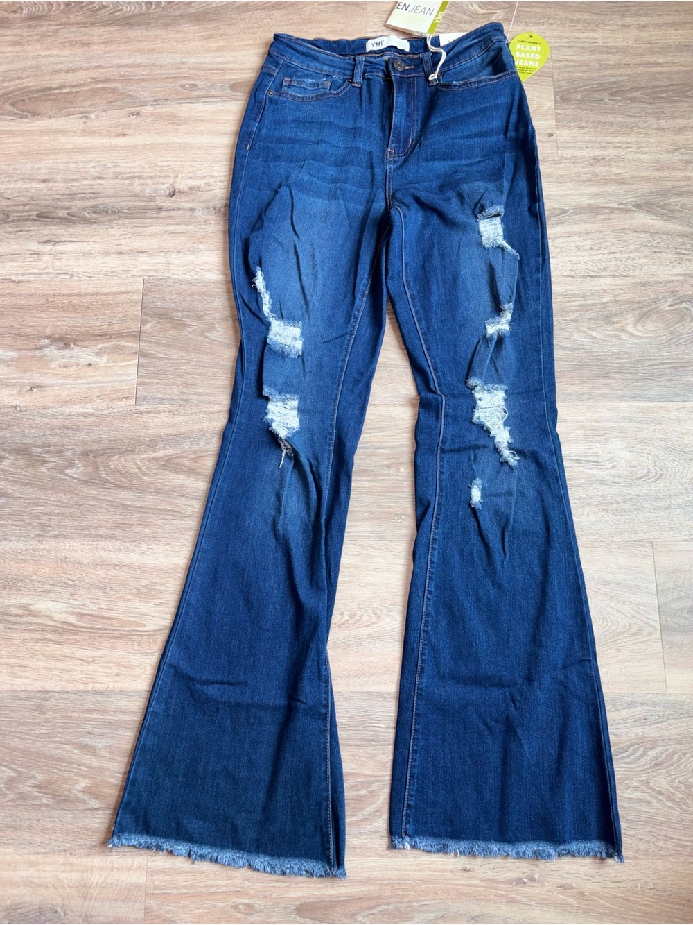 Earth Friendly Fabric Dark Blue Distressed Flare Jeans. Size 9 (29)